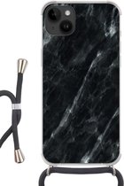 Geschikt voorApple Iphone 14 Plus - Crossbody Case - Marmer print - Zwart - Luxe - Siliconen - Crossbody - Backcover met Koord - Telefoonhoesje met koord - Hoesje met touw