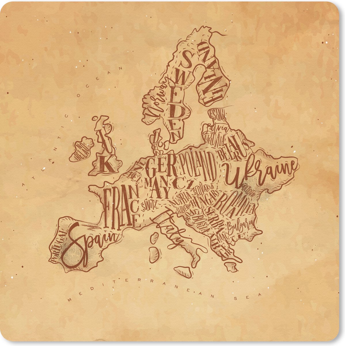 Muismat 30x30 cm - Mousepad Kaart - Europa - Vintage - Bruin - Muismatten