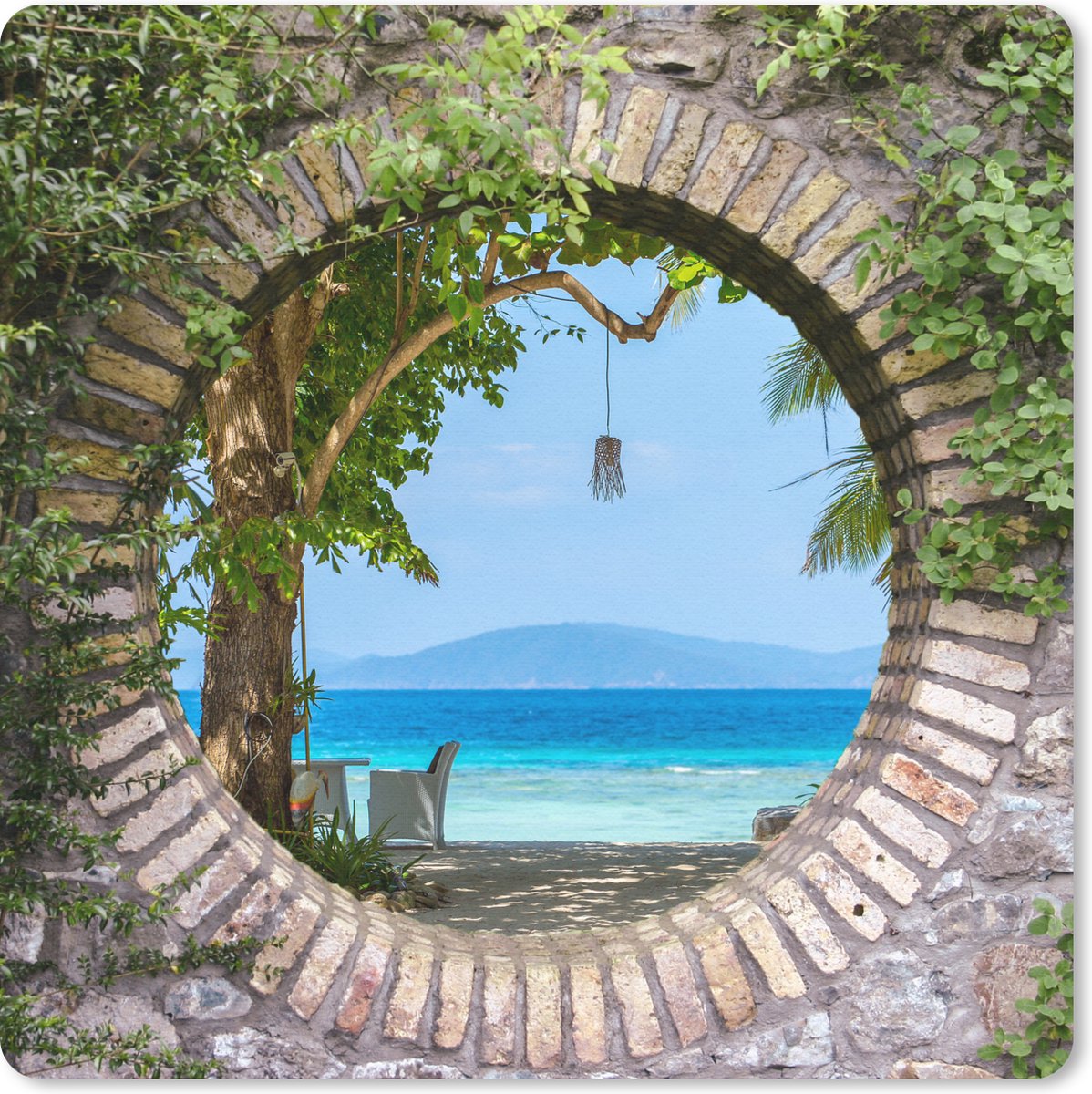 Muismat 20x20 cm - Mousepad Strand - Doorkijk - Tropisch - Strandstoel - Muismatten