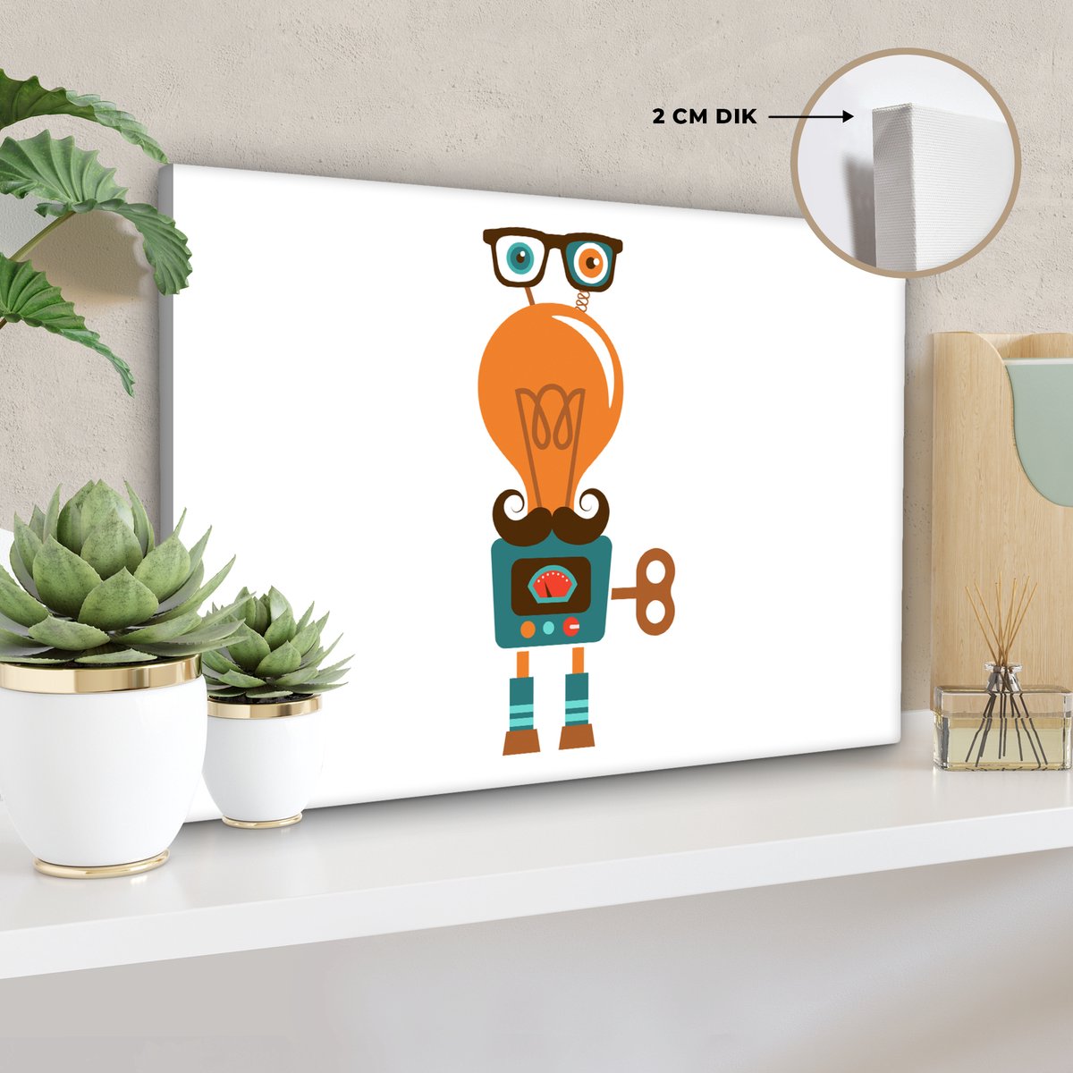Canvas schilderij 30x20 cm - Wanddecoratie Robot - Bril - Gloeilamp - Snor - Kinderen - Jo