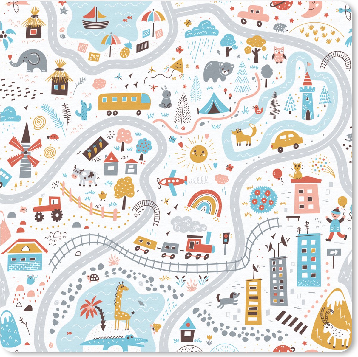 Muismat 20x20 cm - Mousepad Kinderen - Auto - Stad - Dieren - Muismatten