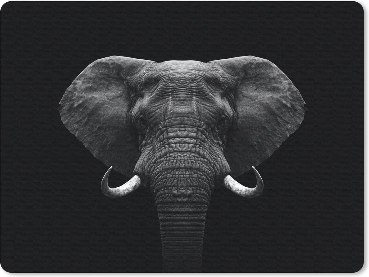 Muismat 23x19 cm - Mousepad Dieren - Olifant - Portret - Zwart - Wit - Muismatten