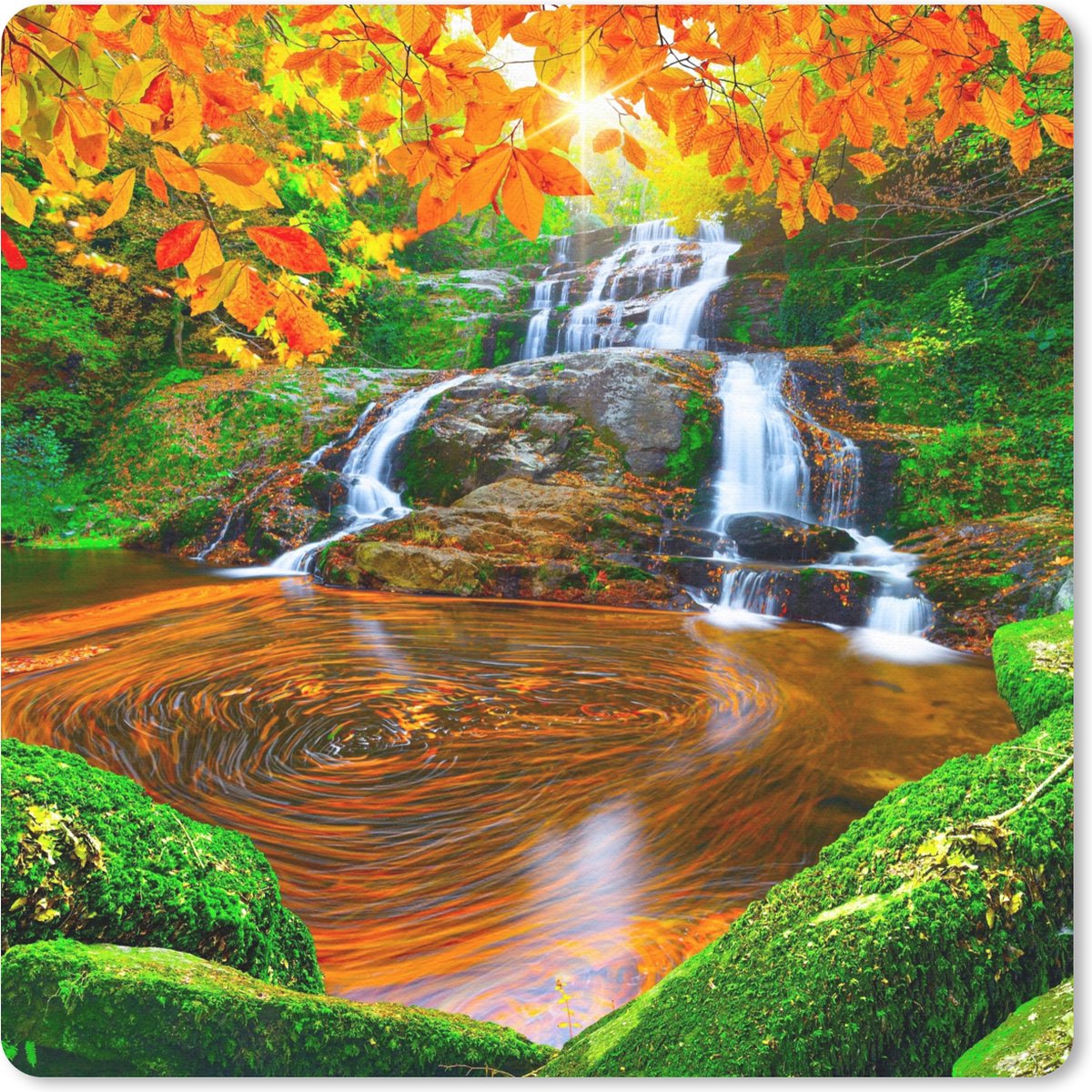 Muismat 30x30 cm - Mousepad Natuur - Waterval - Stenen - Mos - Bladeren - Groen - Muismatten