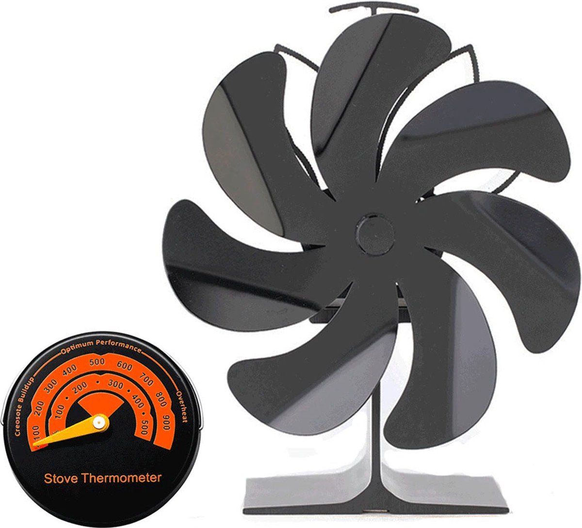 Houtkachel Ventilator - Ecofan Draadloos Inclusief Thermometer - Haard Ventilator Groot Warmtebereik 100% Garantie - Zwart \ 16,5X7,5X19,5 \ 1