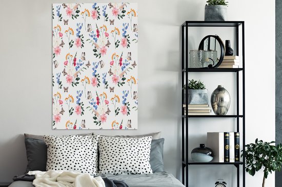 Tableau sur toile Fleurs - Papillons - Collage - 80x120 cm - Décoration murale