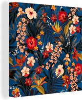 Canvas Schilderij Bloemen - Hibiscus - Tropisch - Patroon - 90x90 cm - Wanddecoratie