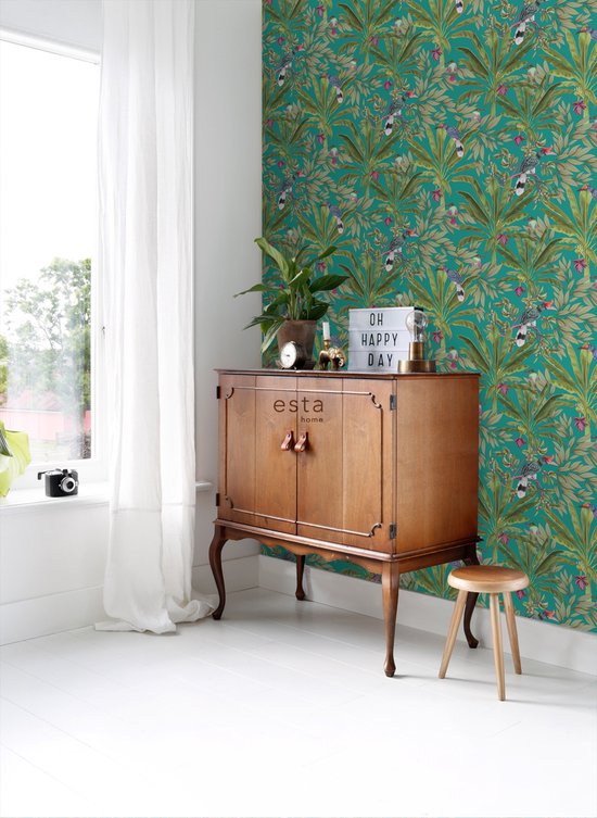 Papier peint ESTAhome feuilles de jungle tropicale et oiseaux de paradis bleu pétrole et vert jungle - 0- 0,53 x 10,05 m