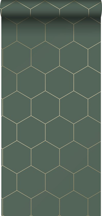 ESTAhome behang hexagon donkergroen en goud - 139228 - 0,53 x 10,05 m