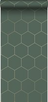 ESTAhome behangpapier hexagon donkergroen en goud - 139228 - 0,53 x 10,05 m