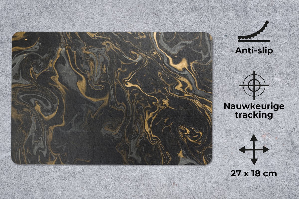 Muismat 27x18 cm - Mousepad Marmer - Textuur - Grijs - Goud - Marmer printlook - Luxe - Muismatten
