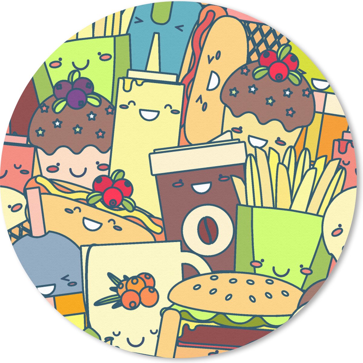 Muismat - Mousepad - Rond - Kawaii - Patronen - Fast Food - 20x20 cm - Ronde muismat