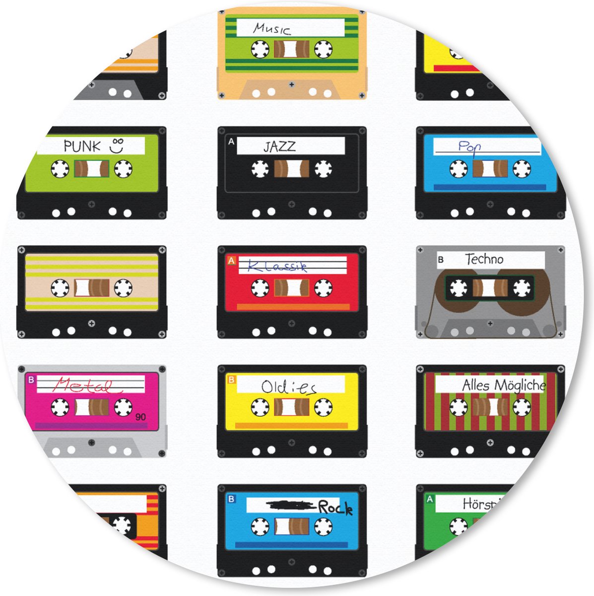 Muismat rond 30x30 cm - Mousepad Patronen - Cassettebandjes - Muziek - Ronde muismatten