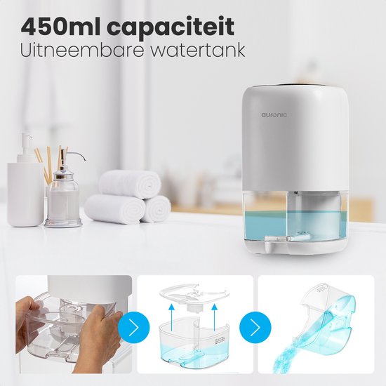 Auronic Luchtontvochtiger - Ontvochtigt 450ml Per Dag in Huis - 1L Waterreservoir - LED - Vochtopnemer voor in Woonkamer, Slaapkamer & Badkamer - Dehumidifier - Wit