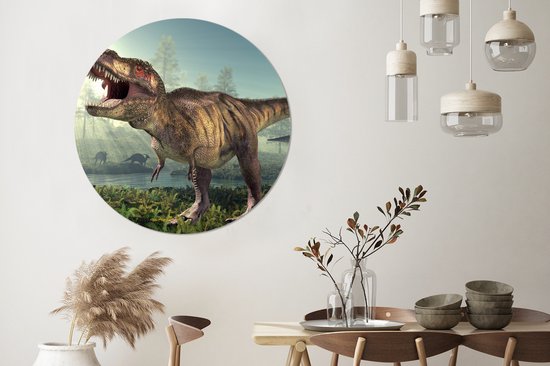 Wandcirkel kinderkamers - Wanddecoratie kind - Dino - Gras - Tekening - Kinderen - ⌀ 140 cm - Wanddecoratie jongens - Meisjes - Kunststof