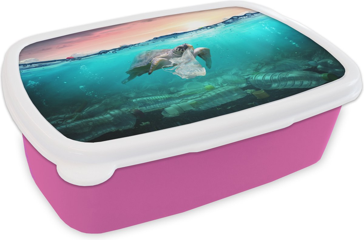 Broodtrommel Roze - Lunchbox - Brooddoos - Schildpad - Zee - Zon - 18x12x6 cm - Kinderen - Meisje