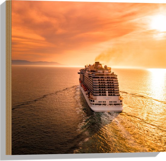 WallClassics - Bois - Bateau de croisière sur Water au doux coucher de soleil - 50x50 cm - 12 mm d'épaisseur - Photo sur bois (avec système de suspension)