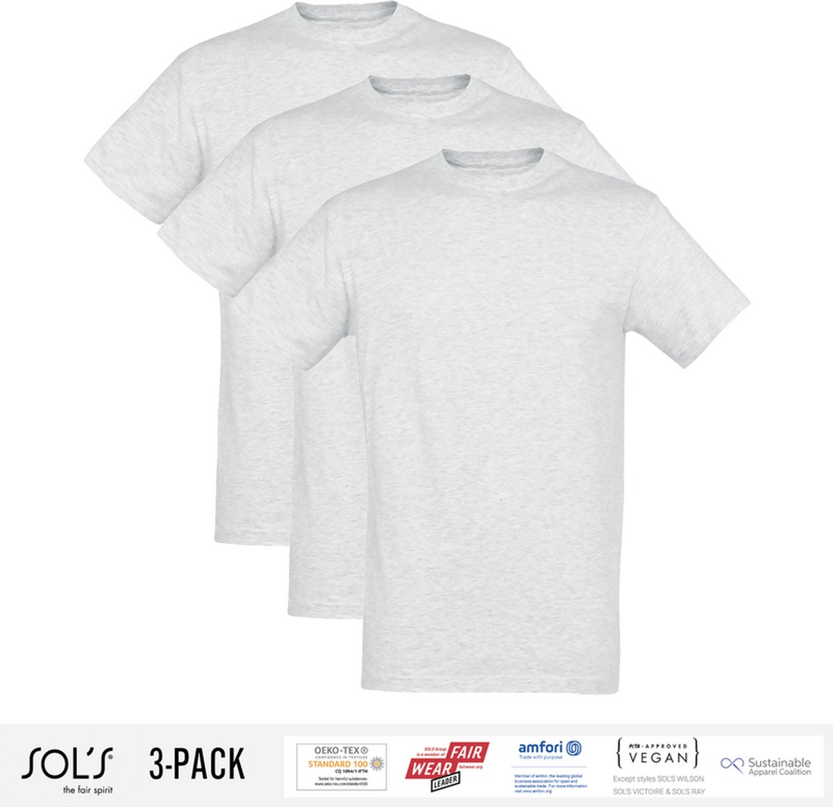3 Pack Sol's Jongens/Meisjes T-Shirt 100% biologisch katoen Ronde hals Ash Grey Maat 142/152 (11-12 Jaar)