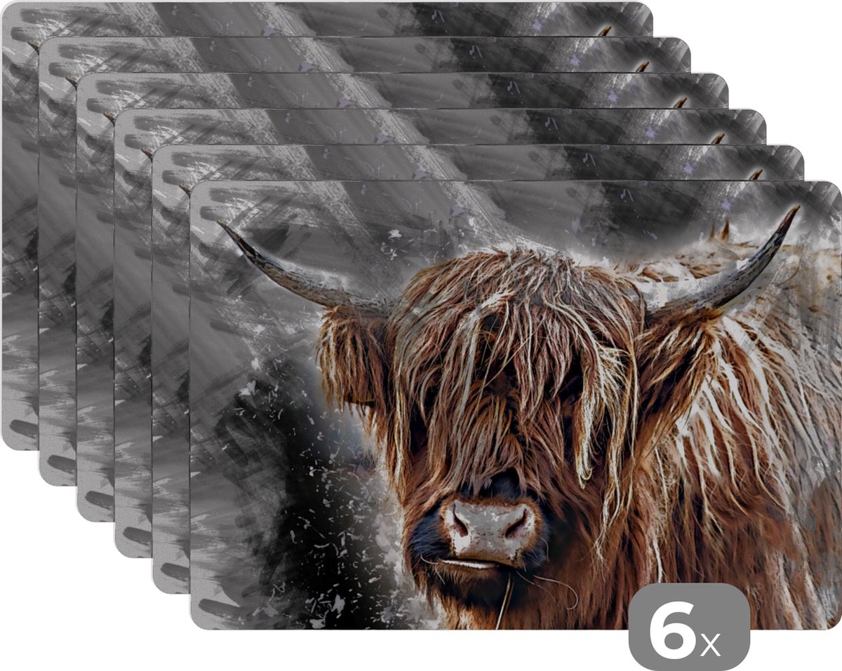 Placemats - 6 stuks - 45x30 cm - Schotse Hooglander - Horens - Zwart - Dieren - Natuur - Wild - Koe
