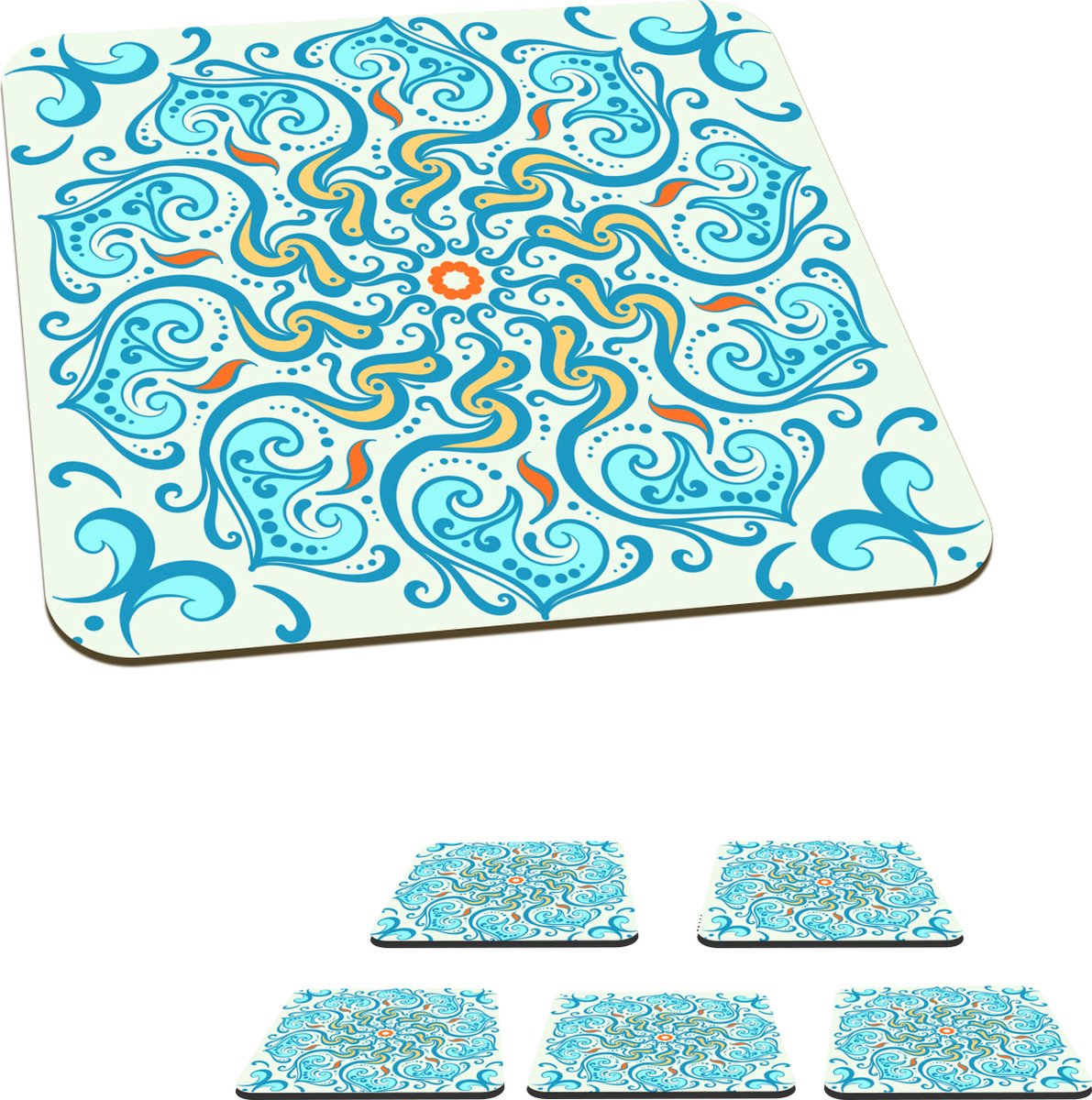 Onderzetters voor glazen - Mandala - Blauw - Geel - Abstract - 10x10 cm - Glasonderzetters - 6 stuks