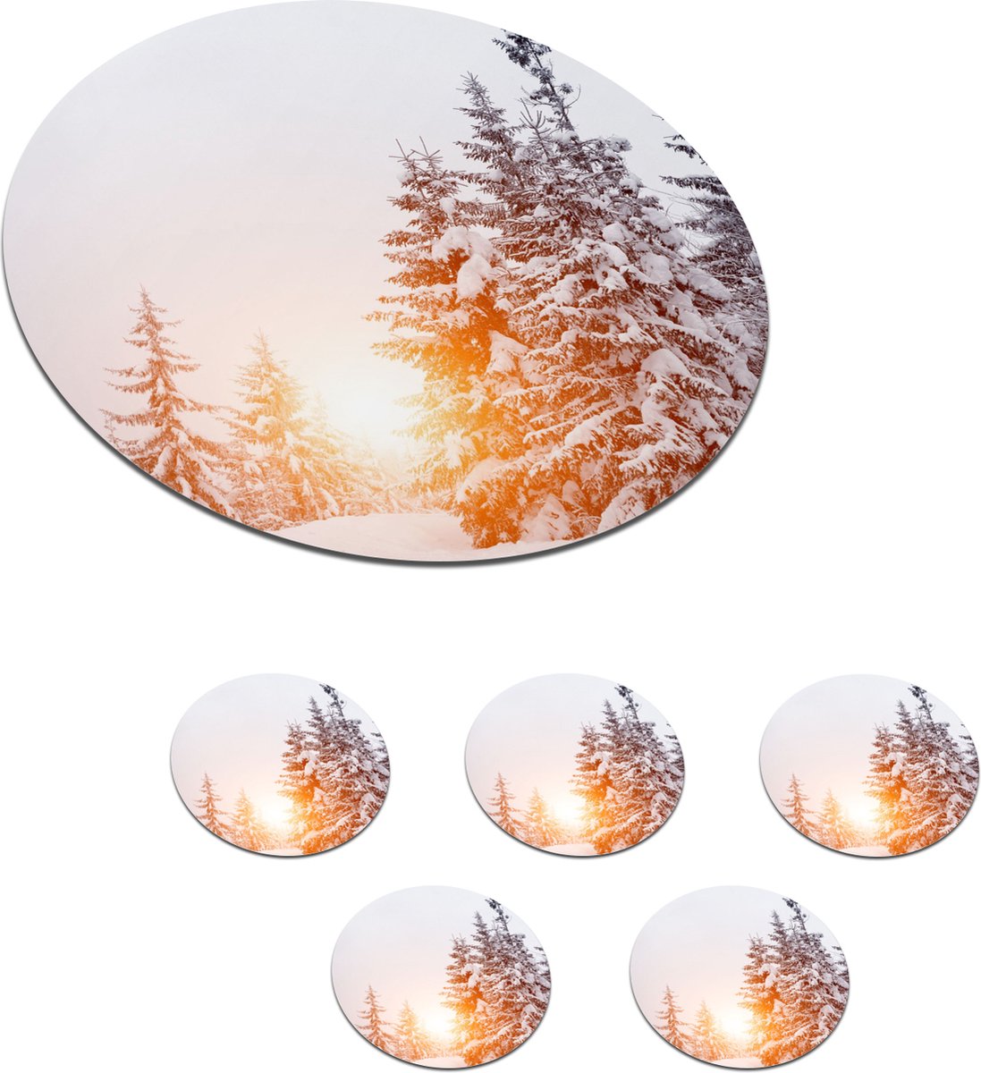 Onderzetters voor glazen - Rond - Zon - Bomen - Sneeuw - 10x10 cm - Glasonderzetters - 6 stuks
