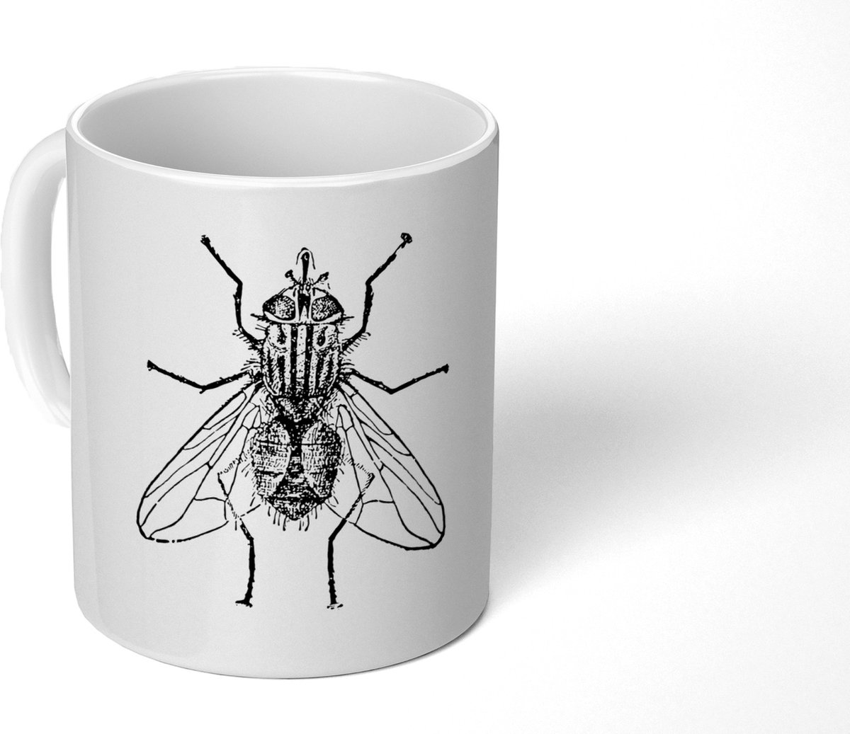 Mok - Koffiemok - Vlieg - Dieren - Vintage - Zwart wit - Mokken - 350 ML - Beker - Koffiemokken - Theemok
