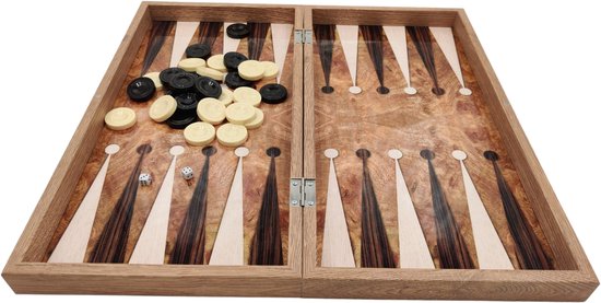 Thumbnail van een extra afbeelding van het spel Backgammon bordspel - kleur Rose hout - met schaakbord - maat L - inclusief schaakstukken
