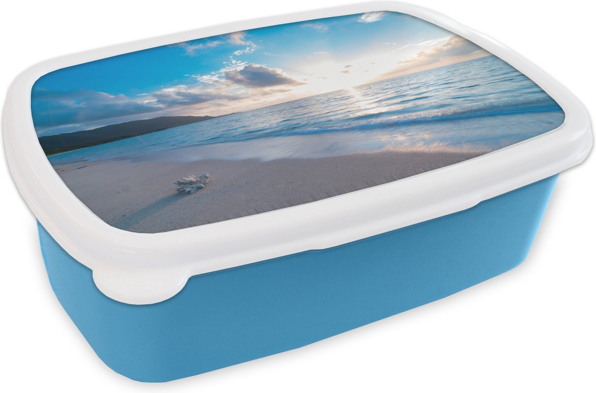 Broodtrommel Blauw - Lunchbox - Brooddoos - Strand - Zee - Schelp - 18x12x6 cm - Kinderen - Jongen
