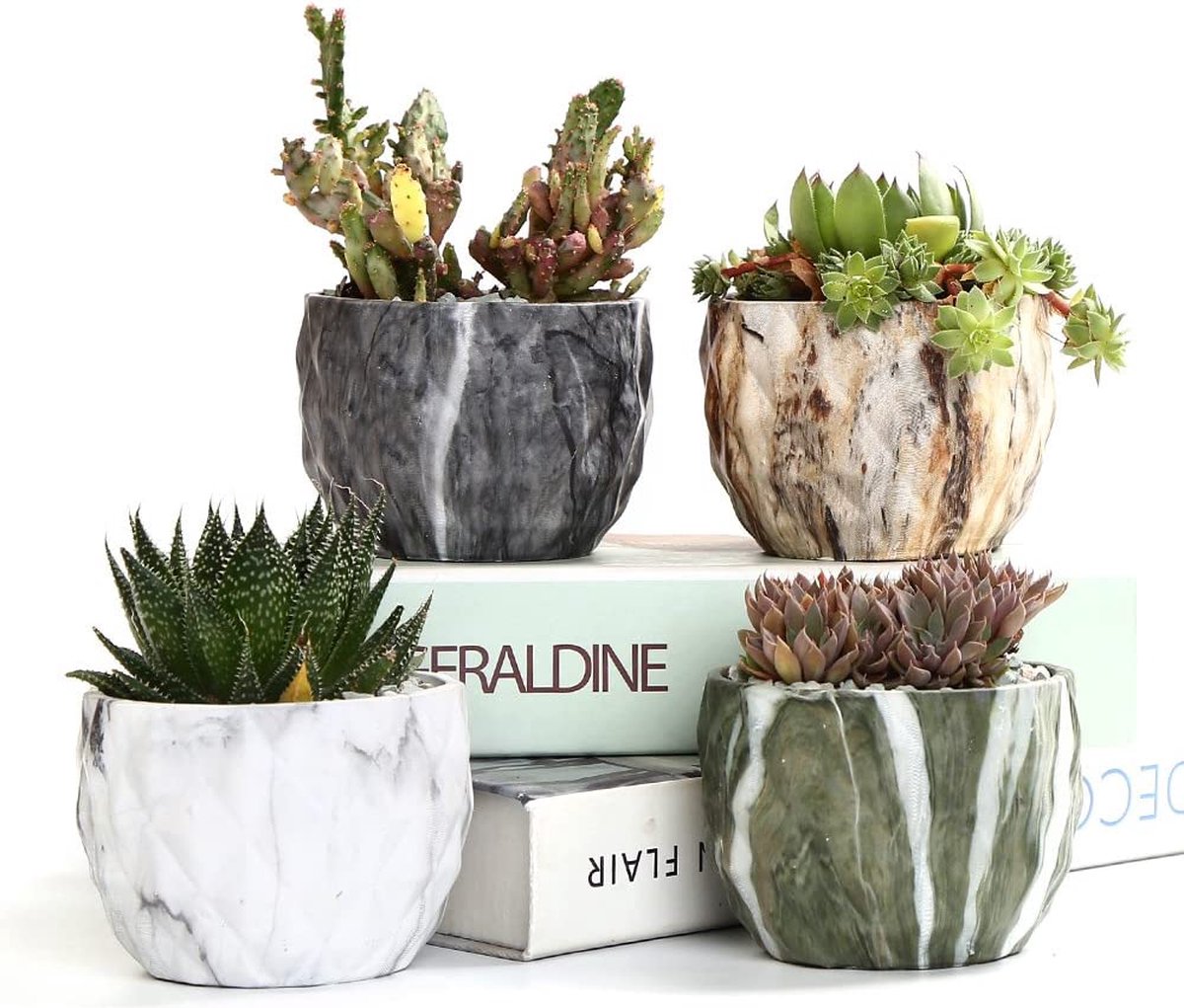 SUN-E Moderne stijl marmering keramische bloempot sappig/cactus plantenbak potten container Bonsai plantenbakken met gat 8,5 cm idee (Set van 4)