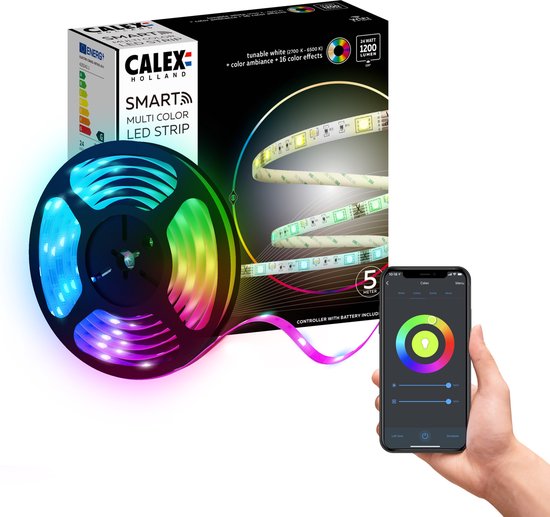 Calex Bande LED 5 mètres - Pour Intérieur - Avec App -Lumière  RVB et blanche chaude - Bande Wifi Smart Light avec télécommande
