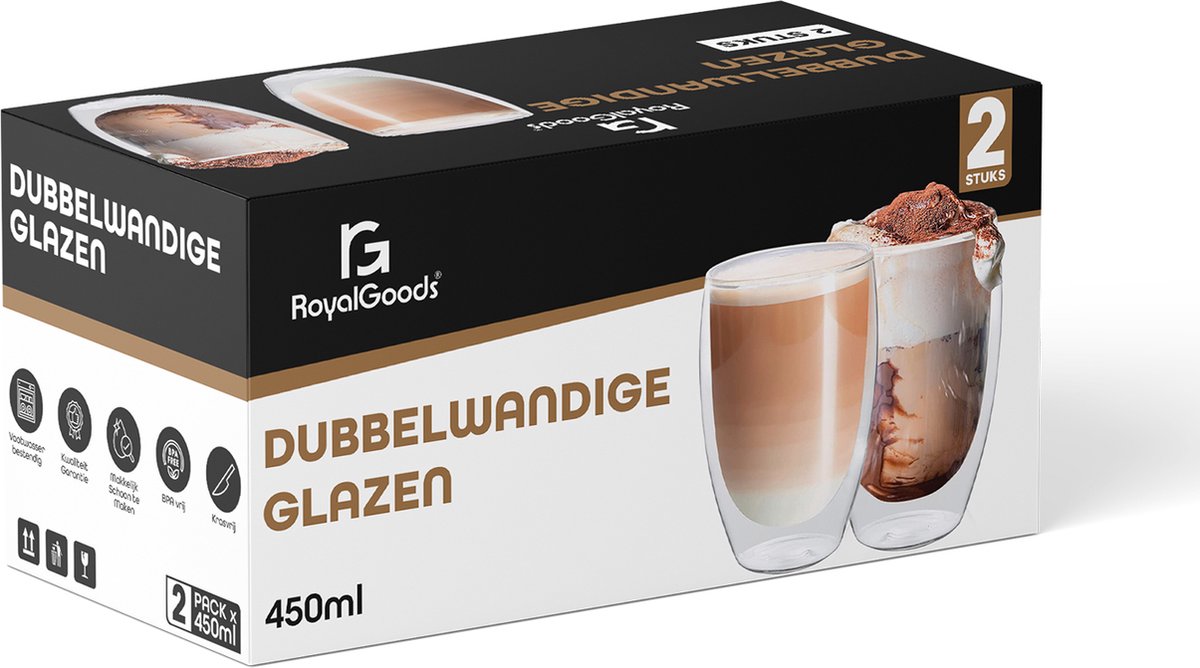 RoyalGoods® Dubbelwandige Glazen – Koffieglazen - Theeglazen – 450ML – 6 Stuks – Cappuccino Glazen - Latte Macchiato Glazen