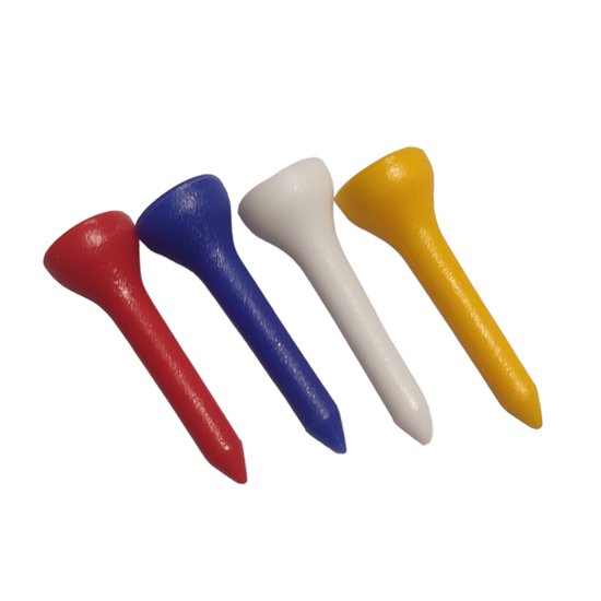 Vier plastic golf tees in rood, blauw, wit en geel.