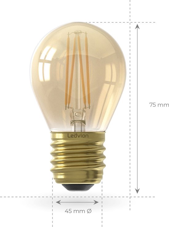 Amberkleurige G45 LEDlamp, 45mm breed en 75mm hoog, met messing E27 fitting.