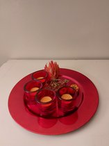 Rood bord/schaal met vier rode lichtjes (theelichtjes) glas inclusief kaarsjes  houten bloem en pompoentjes 30cm diameter