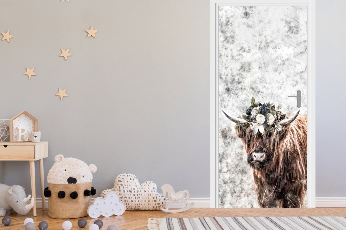 Deurposter 90x205 cm - Deursticker Schotse hooglander - Marmer - Bloemen - Meubelfolie zel