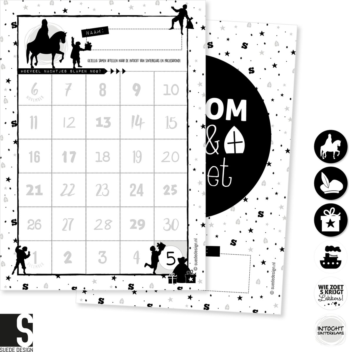 Sinterklaas aftelposter | Welkom Sint & Piet | Suede design aftelkalender A4