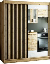 InspireMe - Kledingkast met 2 schuifdeuren, Loft-stijl, Kledingkast met planken (BxHxD): 200x200x62 - MELO II 200 met 4 lades Artisan Eik + Zwart