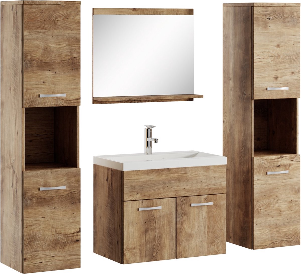 Badplaats Badkamermeubel Set Montreal XL 60 cm x 35 cm - Kastanje eiken - Badmeubel met spiegel en zijkasten
