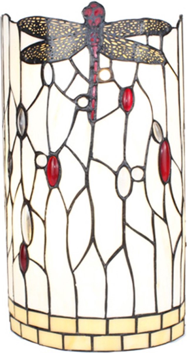 Wandlamp Tiffany 20x10x36 cm Wit Zwart Glas Metaal Halfrond Libelle Muurlamp Sfeerlamp Glas in Lood