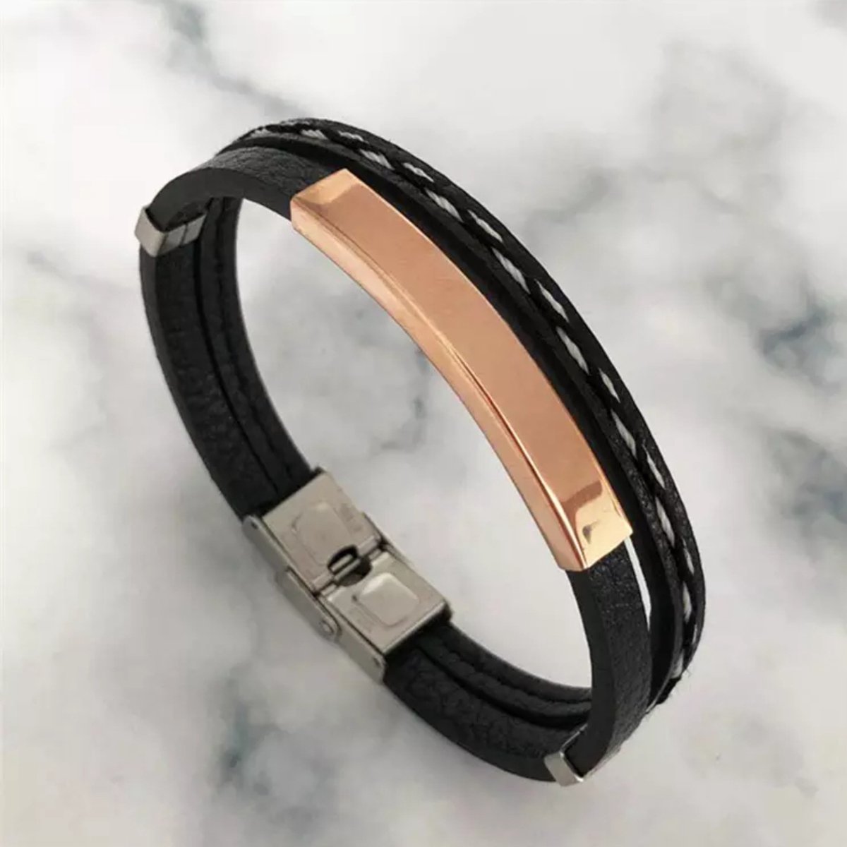 Leerella Armband Heren - Zwart Rose - Mannen - Armbandje 20.5 cm - Leer RVS - Cadeau voor Man - Vaderdag - Geschenk - Verjaardag - Valentijnsdag