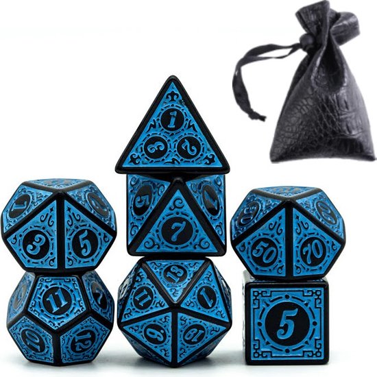 Afbeelding van het spel Lapi Toys - Dungeons and Dragons dobbelstenen - D&D dobbelstenen - D&D polydice - 1 set (7 stuks) - Inclusief kunstleren bewaarzak - Acryl - Blauw - Zwart