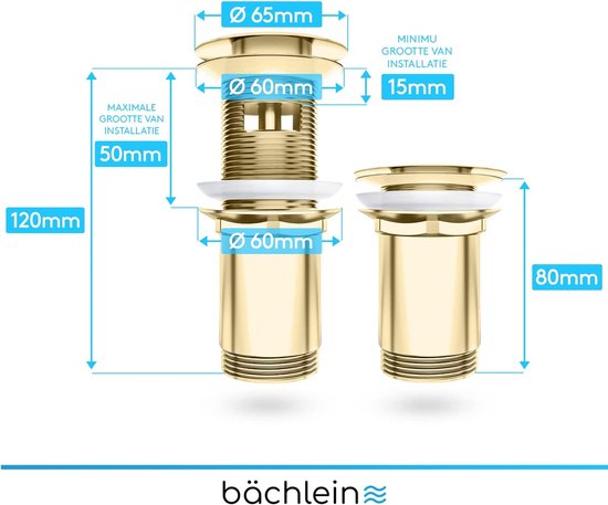 Afmetingen van twee gouden afvoersystemen met pop-up klep, inclusief installatiegroottes.