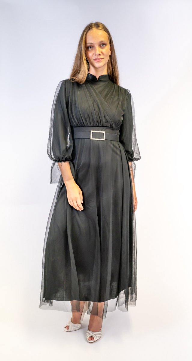 Tule jurk -zwart- Maat 40- In het oog springend: Chique en modieuze zwarte jurk met een prachtige bloemenprint voor dames