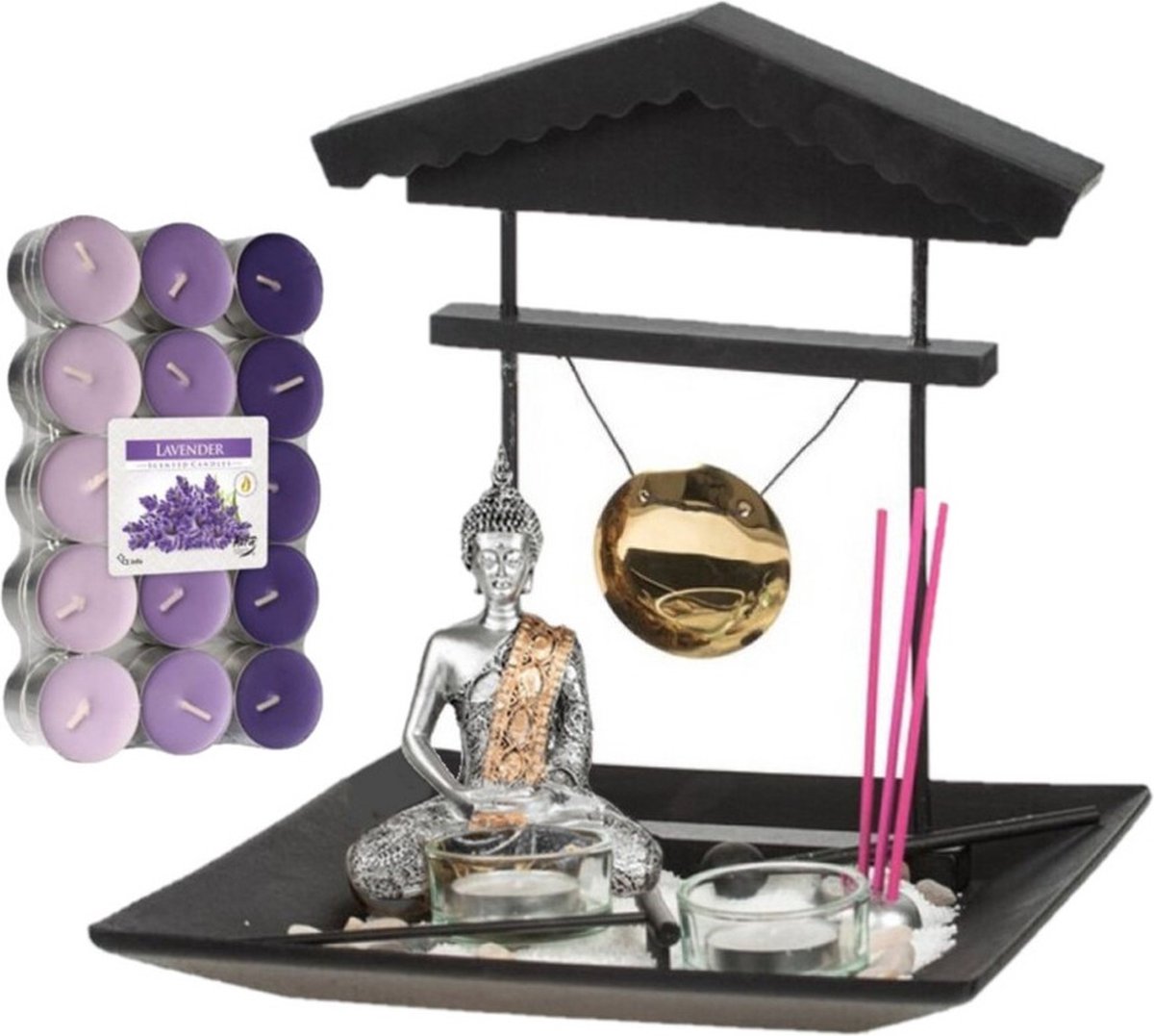 Boeddha beeld voor binnen - 24 cm m- et 30x geurkaarsen - lavendel - Buddha beeldje met theelichtjes/waxinelichtjes