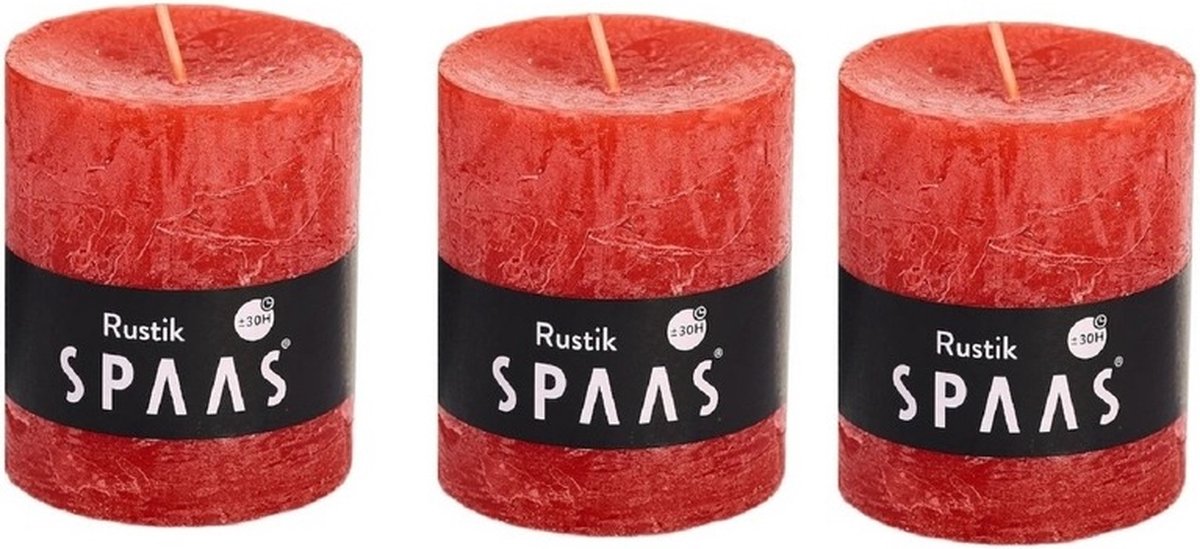 SPAAS 3x Rode rustieke cilinderkaarsen/stompkaarsen 7 x 8 cm 30 branduren - Geurloze kaarsen - Woondecoraties Rood