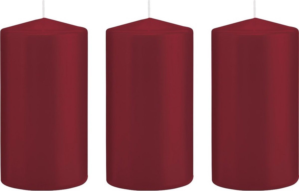 Trend Candles Cilinderkaars/stompkaars - 3x - bordeauxrood - 8 x 15 cm - 69 branduren - horeca kaarsen Bordeaux rood