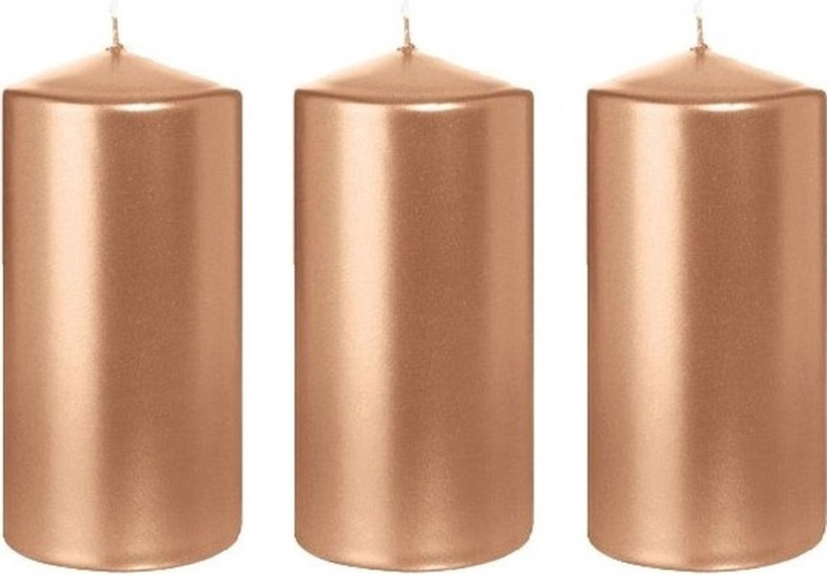Trend Candles Cilinderkaars/stompkaars - 3x - roségoud - 6 x 12 cm - 40 branduren - horeca kaarsen Goudkleurig