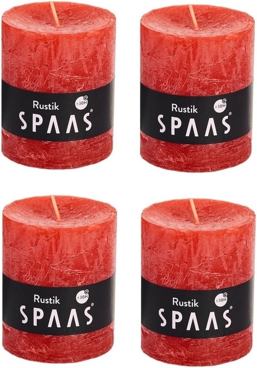 Spaas 4x Rode rustieke cilinderkaarsen/stompkaarsen 7 x 8 cm 30 branduren - Geurloze kaarsen - Woondecoraties