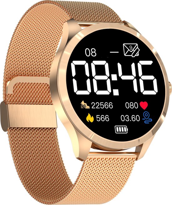 Belesy® Y5 Pro 2022 - Smartwatch Dames - Smartwatch Heren - Android - IOS - Horloge - 1.28 inch - Kleurenscherm - Stappenteller - Bloeddruk - Hartslag - 75+ Wijzerplaten - Sporten - Staal - Goud - Moederdag