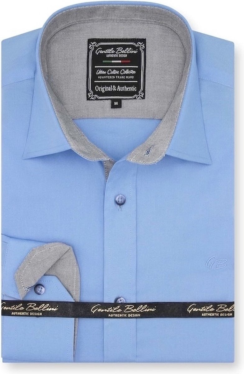 Heren Overhemd - Slim Fit - Chambray Contrastbeleg - Licht Blauw - Maat S
