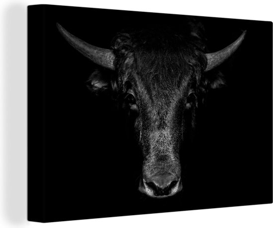 Canvas - Dieren - Stier - Zwart - Wit - Foto op canvas - 90x60 cm - Woonkamer - Schilderijen op canvas